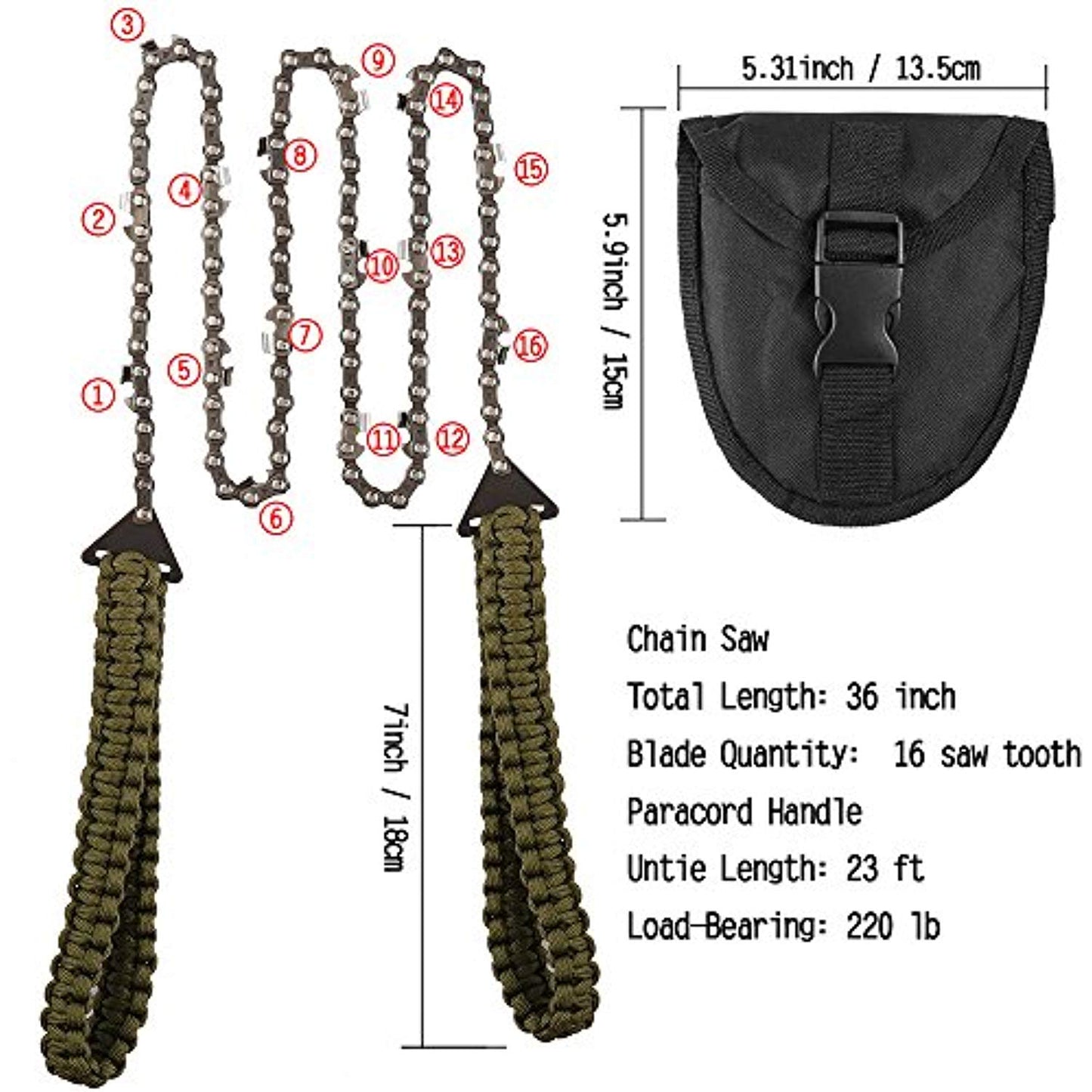 Pocket Chainsaw with Paracord Handle (24inch-11teeth) / (36inch-16teeth) Emergency Outdoor Survival Gear Folding Chain Hand Saw Fast Wood & Tree Cutting Best for Camping Backpacking Hiking Hunting - Ranger Rags